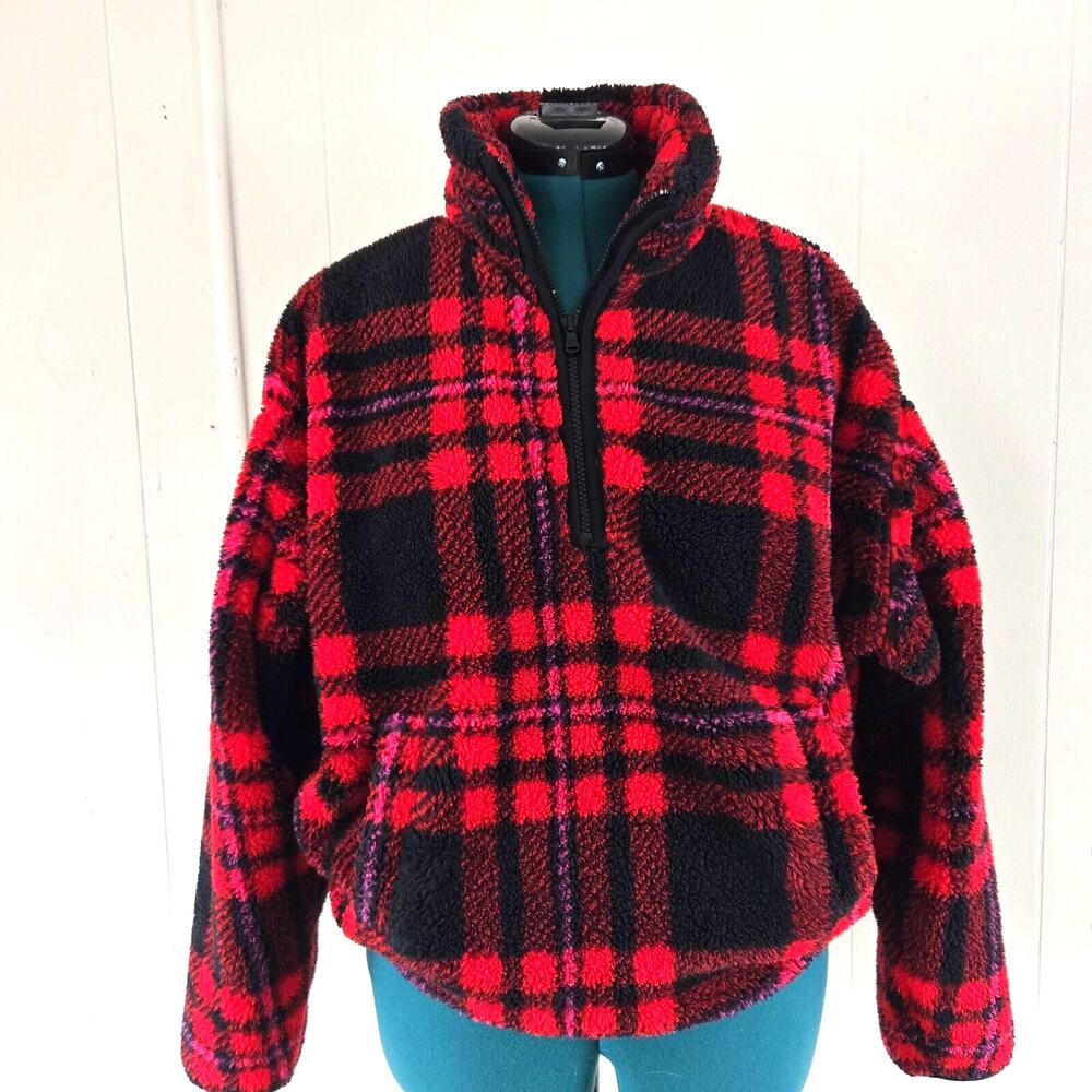 Chaps Women's Sherpa Jacket Size Small Red Plaid Design Pullover 1/4 Zip SOFT!